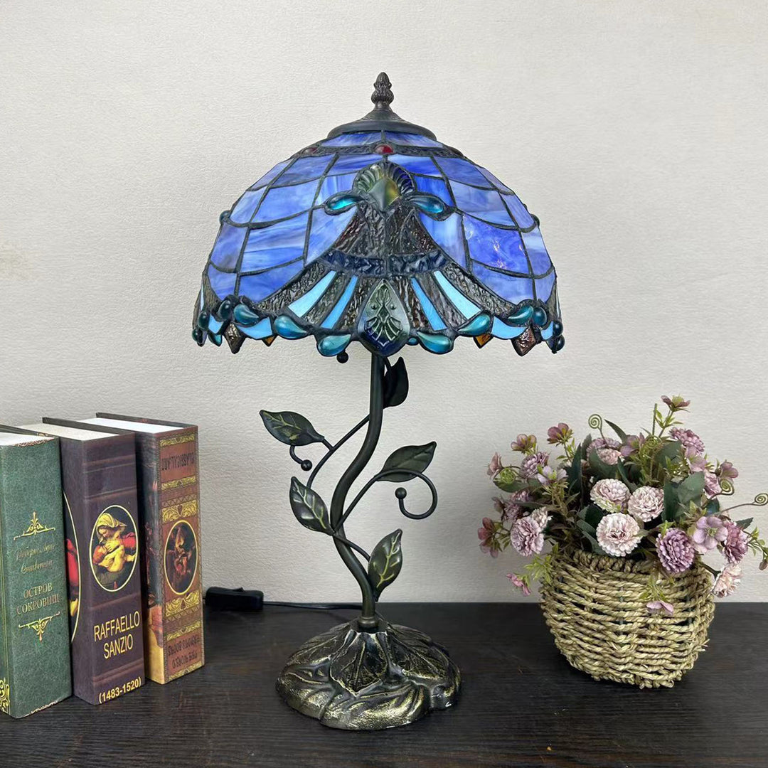 Lampe de table traditionnelle Tiffany en résine avec dôme conique et motif de fleurs et feuilles à 1 lumière pour chevet 