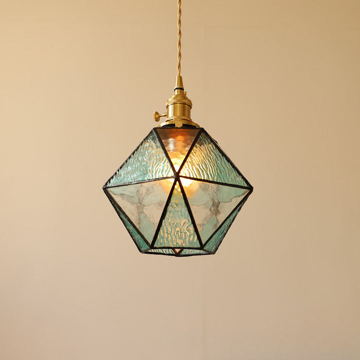 Traditionelle Vintage polygonale Messing Buntglas 1-Licht Pendelleuchte für Wohnzimmer 