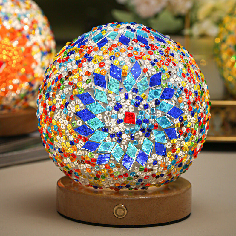 Zeitgenössische Boho Orb Holz Glas USB LED Tischlampe für Schlafzimmer 