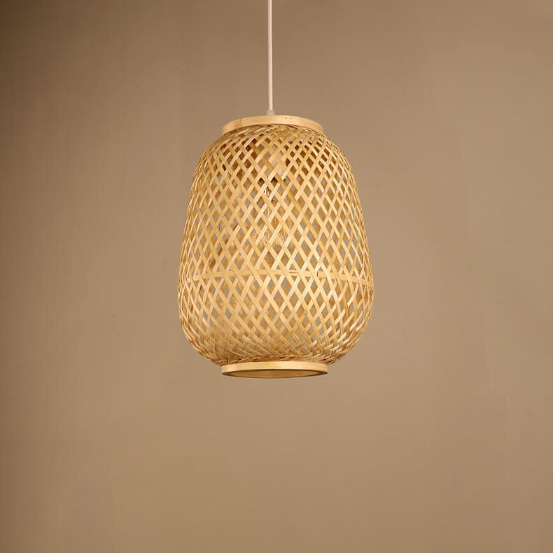 Suspension Luminaire 1 Lumière en Forme de Cage Ovale en Bambou Contemporain pour Salle à Manger 