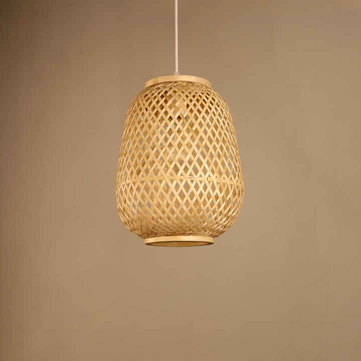 Suspension Luminaire 1 Lumière en Forme de Cage Ovale en Bambou Contemporain pour Salle à Manger 
