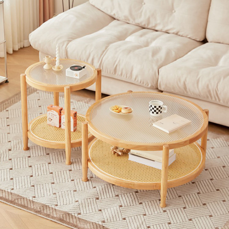 Table basse ronde minimaliste moderne en hévéa avec plateau en verre et faux rotin, à 2 niveaux, pour salon 