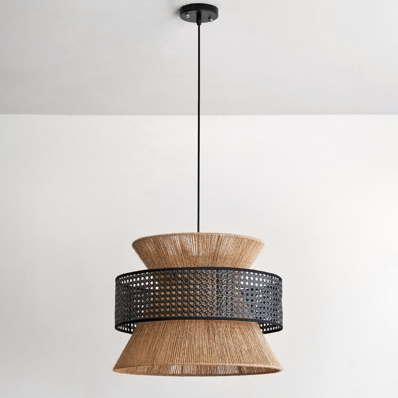 Traditionelle Vintage Zen Rattan Hanf Seil Weben Runde Schatten 1-Licht Pendelleuchte für Wohnzimmer 