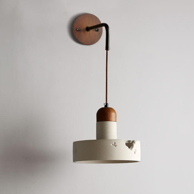 Applique murale 1 lumière en bois massif japonais Wabi-Sabi et ciment rond 