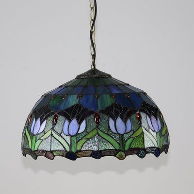 Traditional Tiffany Round Leaf Tulip Hardware Stained Glass 1 Light Chandelier For Living Room