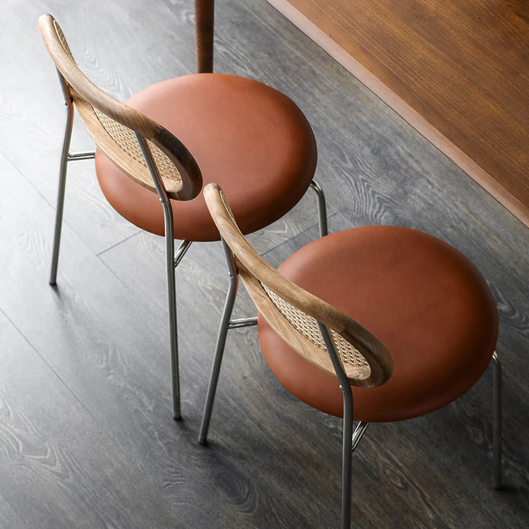 Contemporary Nordic Round PU Leather Wood Rattan Chair Backrest For Living Room
