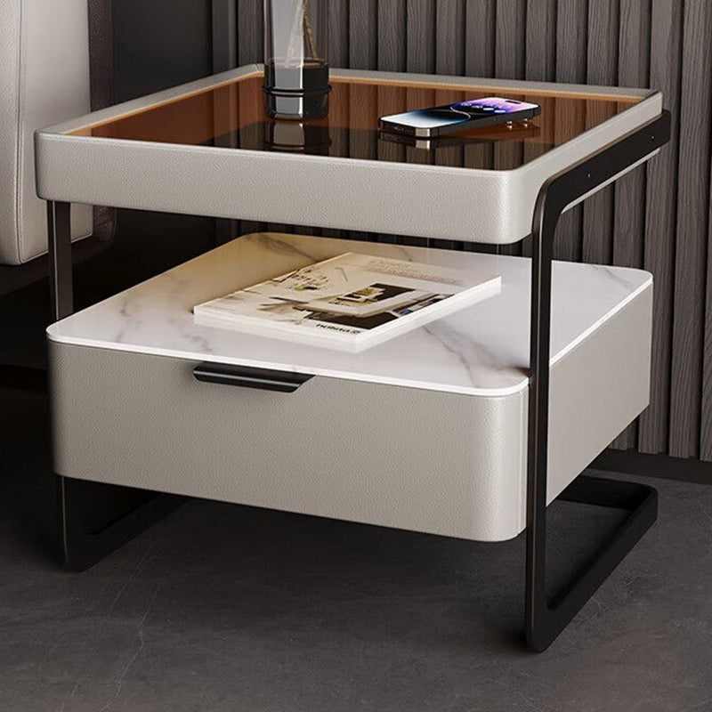 Table de nuit moderne minimaliste rectangulaire en verre renforcé avec dalle de roche et fer, 1 tiroir pour chambre à coucher 