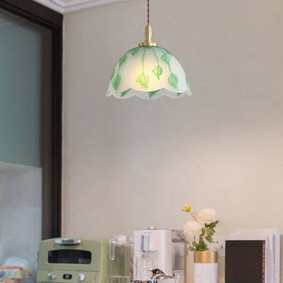 Traditionelle französische Pendelleuchte mit Schale und Blättern, Kupferglas, 1 Licht, für Esszimmer 