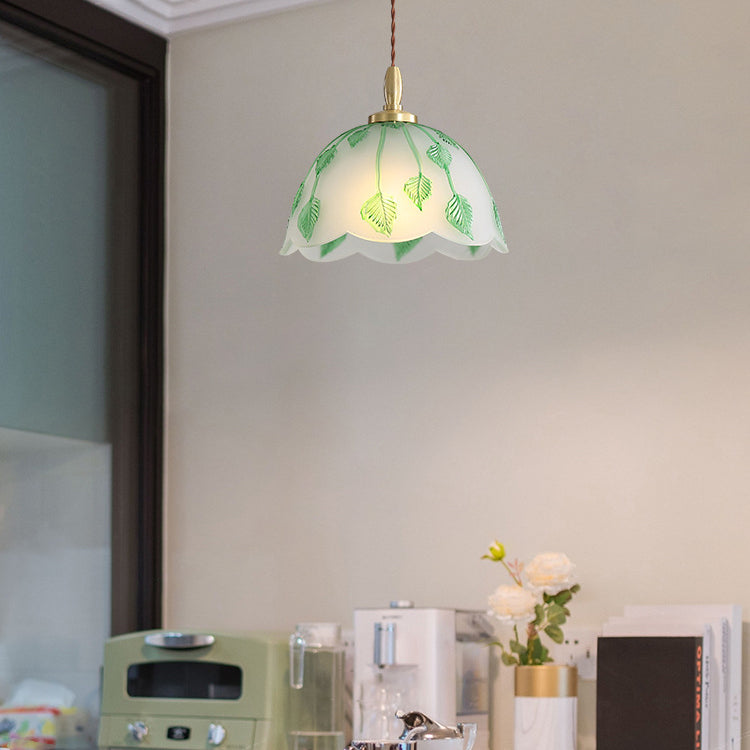 Traditionelle französische Pendelleuchte mit Schale und Blättern, Kupferglas, 1 Licht, für Esszimmer 
