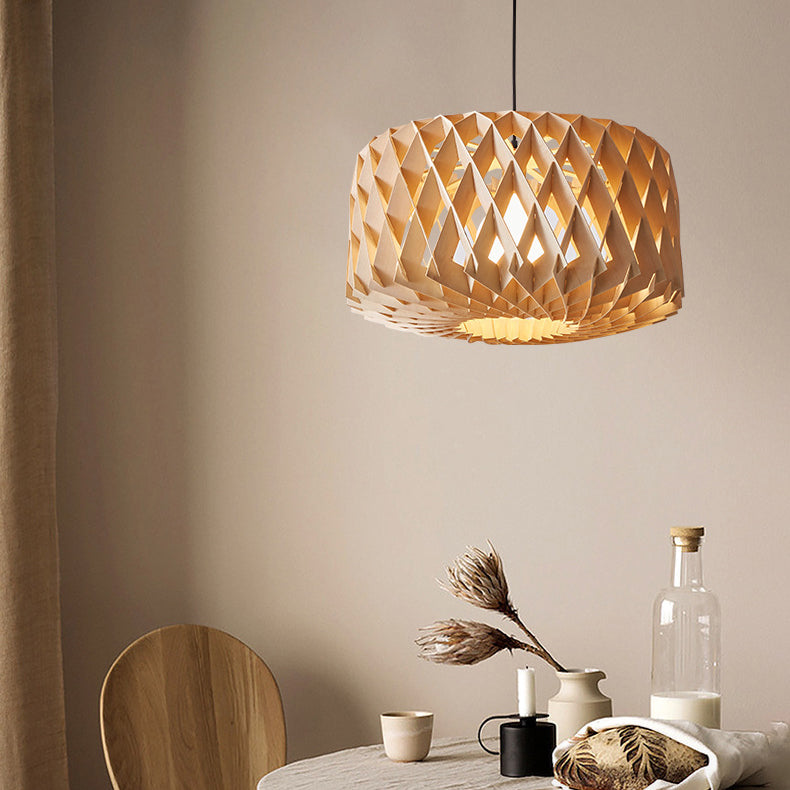 Moderne minimalistische runde Diamant Massivholz Skelett 1-Licht Pendelleuchte für Wohnzimmer 
