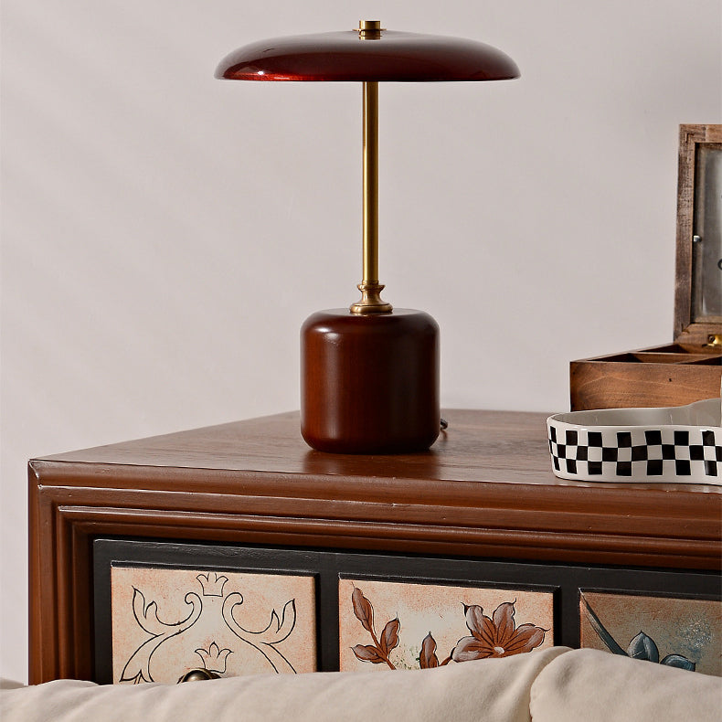Lámpara de Mesa LED Cilíndrica Redonda de Latón Retro Contemporáneo con Madera y Vidrio para la Mesita de Noche 