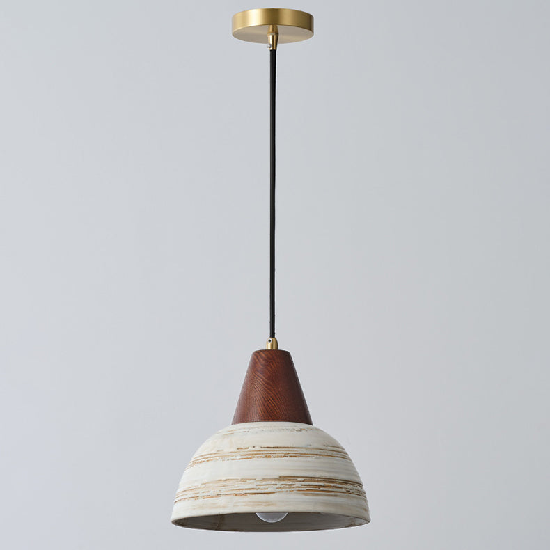 Zeitgenössische Vintage Kuppel Messing Holz Keramik 1-Licht Pendelleuchte für Wohnzimmer 