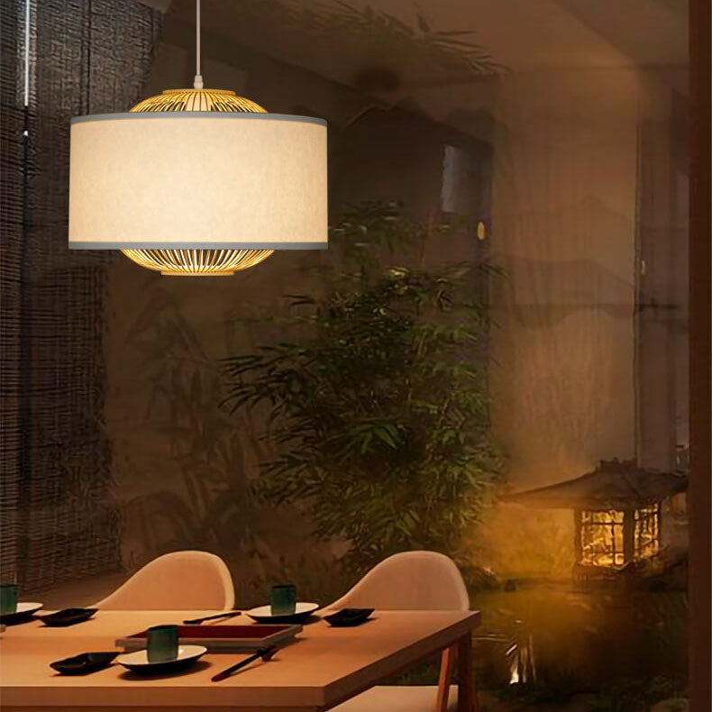 Contemporary Scandinavian Zen Bamboo Weaving Parchment Drum 1-Light Pendant Light for Living Room