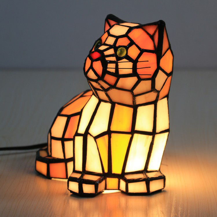 Lámpara de mesa de 1 luz con diseño de gato de vidrio Tiffany tradicional para dormitorio 