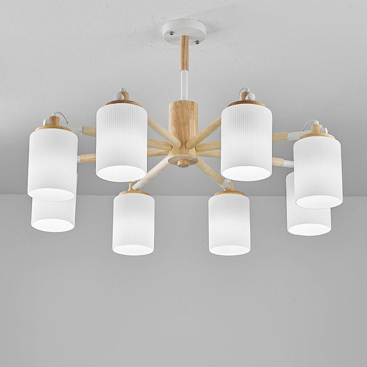 Contemporary Nordic Branch Cylinder Rubberwood Glass 8-Light Chandelier For Living Room