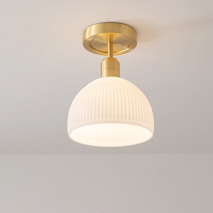 Lumière de plafond semi-encastrée moderne en laiton antique avec cadre rond en verre nervuré à 1 lumière pour salle à manger 