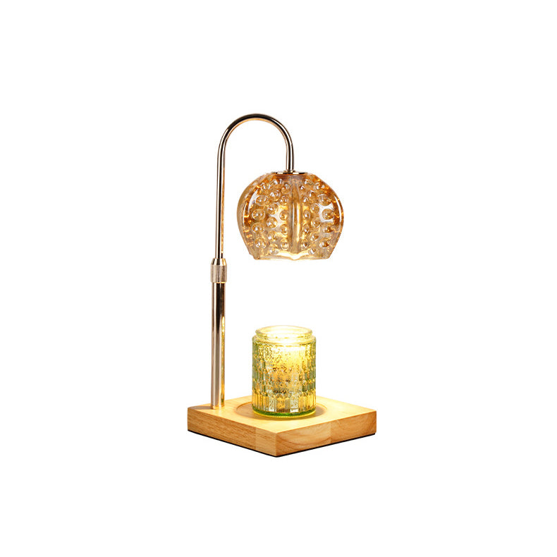 Lámpara de mesa de cera derretida de 1 luz regulable con base cuadrada y bola redonda de madera, hierro y vidrio de simplicidad moderna para mesita de noche 