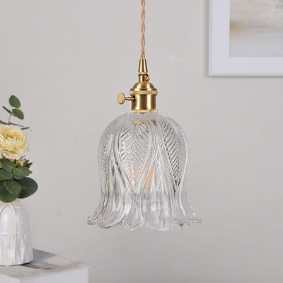 Japanese Vintage Floral Glass Cone Brass 1-Light Pendant Light