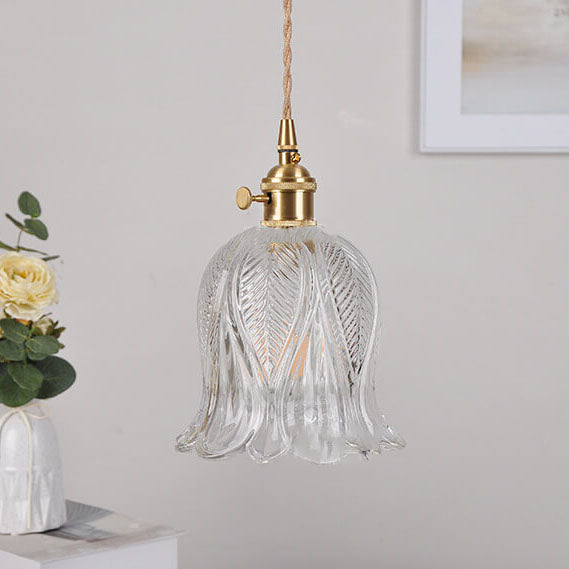 Japanese Vintage Floral Glass Cone Brass 1-Light Pendant Light