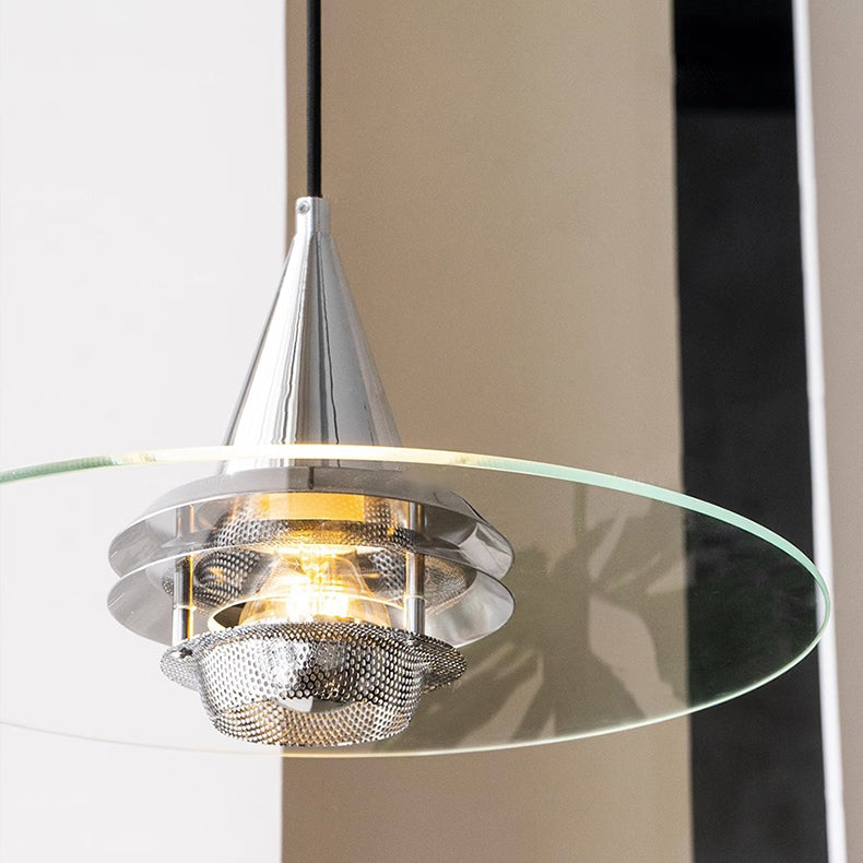 Zeitgenössische nordische runde fliegende Untertasse Kegel Hardware Glas 1-Licht Pendelleuchte für Wohnzimmer 