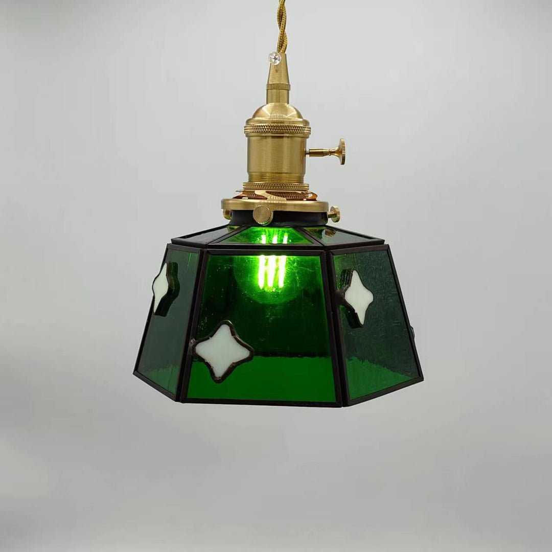 Lustre suspendu traditionnel vintage en laiton, verre, cylindre quadripartite, corne, treillis, à 1 lumière pour salle à manger 