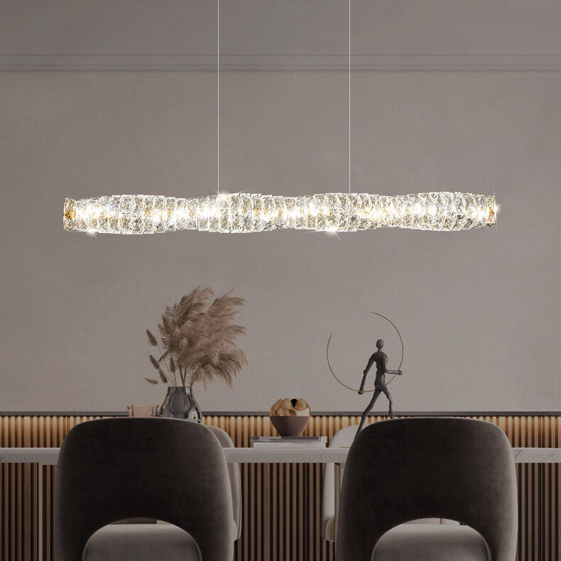 Lustre suspendu moderne en acier inoxydable avec bande de cristal LED pour salle à manger 