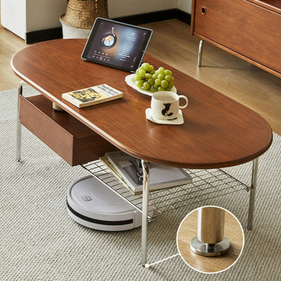 Table basse contemporaine rétro elliptique en bois de pin, bois de cerisier et acier inoxydable à 2 niveaux pour le salon 