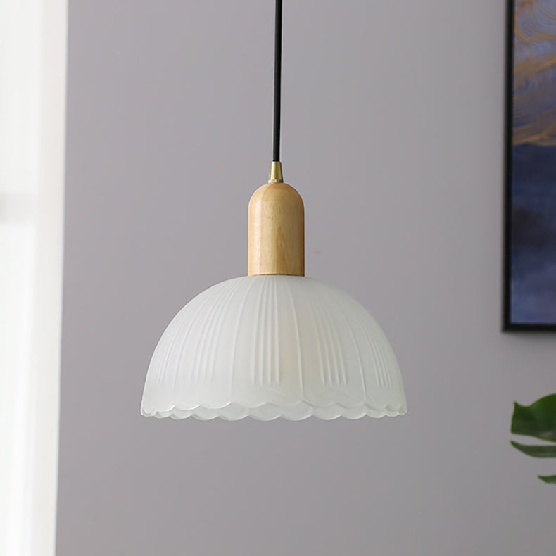 Traditional Japanese Wood Brass Glass Hemispheroid Flower 1-Light Pendant Light For Dining Room