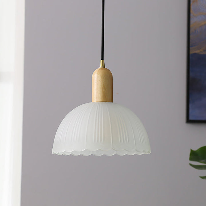 Traditional Japanese Wood Brass Glass Hemispheroid Flower 1-Light Pendant Light For Dining Room