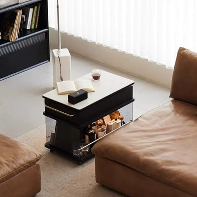 Moderner minimalistischer rechteckiger Holzplatten-Glas-Edelstahl-Beistelltisch mit 3-Staufächern, anhebbar für das Wohnzimmer 