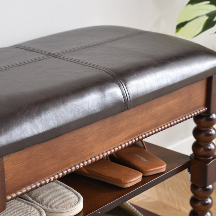 Taburete de tocador sin respaldo ni brazos, de madera de caucho y cuero PU, rectangular, estilo tradicional europeo, para sala de estar 