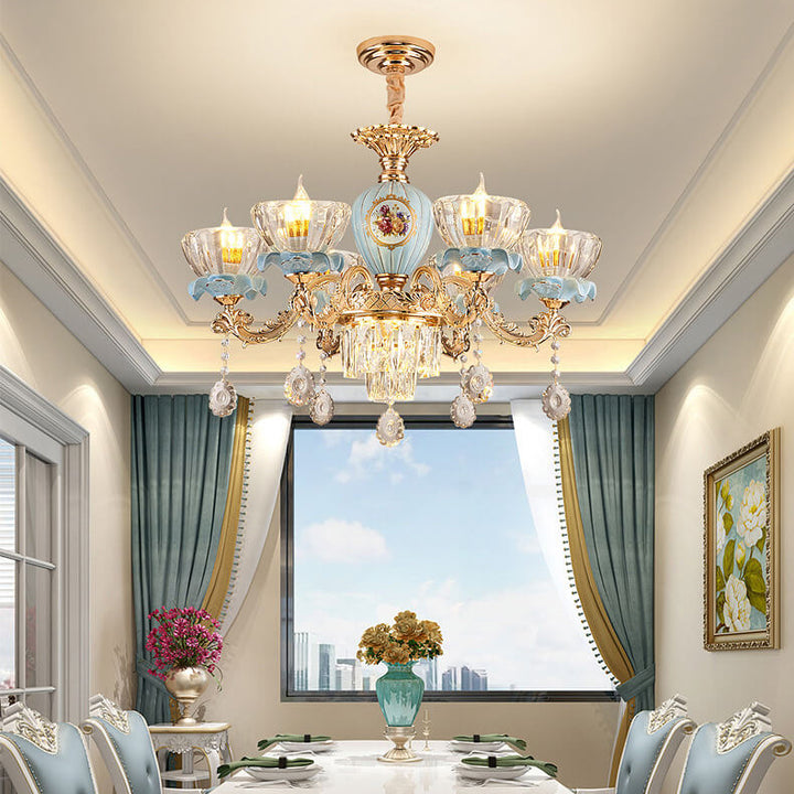 Traditional European Flower Candelabra Zinc Alloy Crystal Glass Ceramic 6/8/10/12-Light Chandelier For Living Room