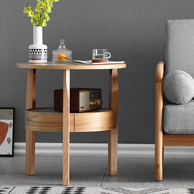 Mesa auxiliar redonda contemporánea, retro y vintage de madera de caucho, madera de pino y contrachapado con cajón de 2 niveles para sala de estar 