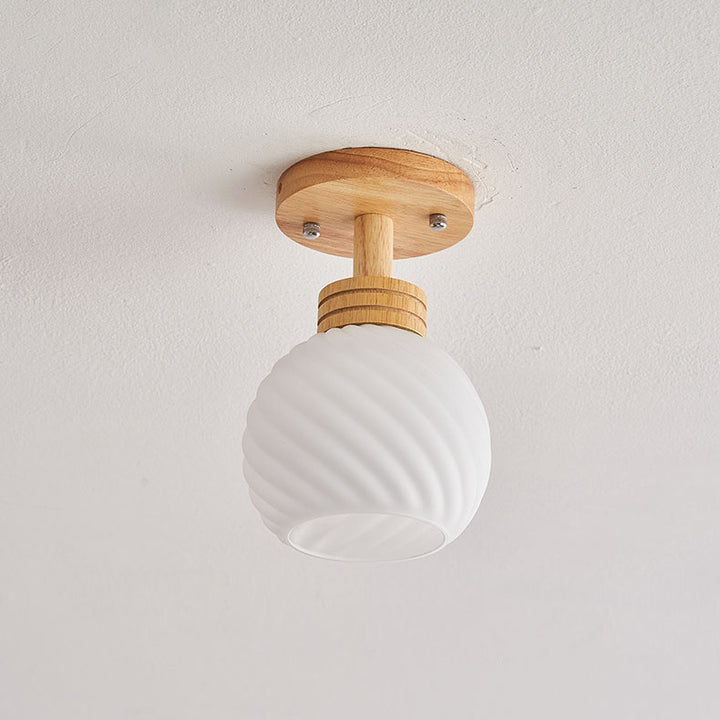 Traditional Japanese Spherical Glass Shape Wood Base1-Light Semi-Flush Mount Ceiling Light For Living Room