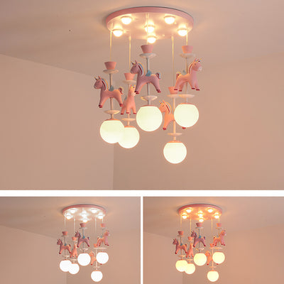 Modern Art Deco Kids Iron Resin Glass Round Base Ball Horse 1/3/5 Light Flush Mount Ceiling Light For Bedroom