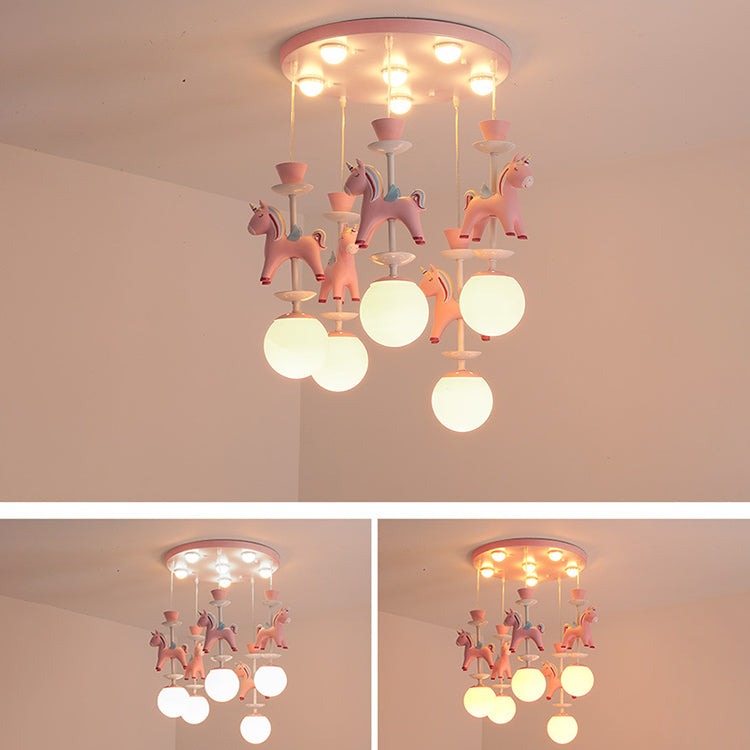 Modern Art Deco Kids Iron Resin Glass Round Base Ball Horse 1/3/5 Light Flush Mount Ceiling Light For Bedroom