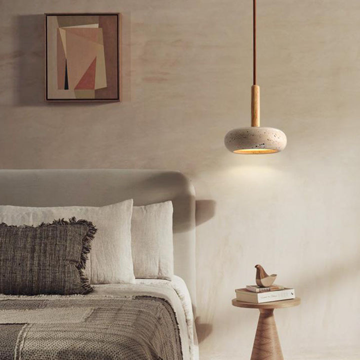 Lámpara colgante LED de madera maciza ovalada escandinava contemporánea con travertino amarillo para sala de estar 