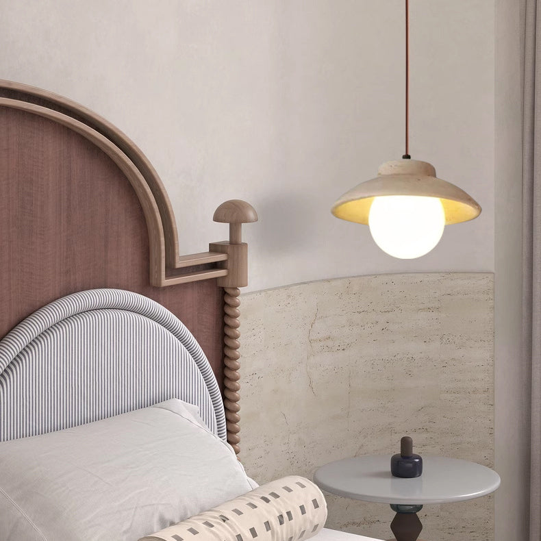 Suspension Luminaire 1 Lumière en Bois et Pierre Naturelle de Forme Bol Vintage Traditionnelle pour Chambre 
