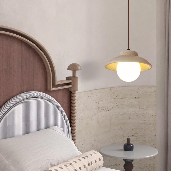 Suspension Luminaire 1 Lumière en Bois et Pierre Naturelle de Forme Bol Vintage Traditionnelle pour Chambre 