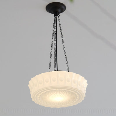 French Vintage White Jade Glass Stripes Round Drum LED Semi-Flush Mount Ceiling Light