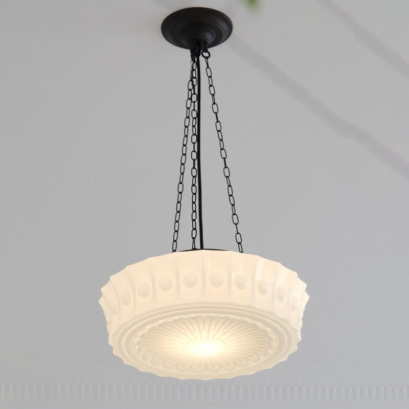 French Vintage White Jade Glass Stripes Round Drum LED Semi-Flush Mount Ceiling Light
