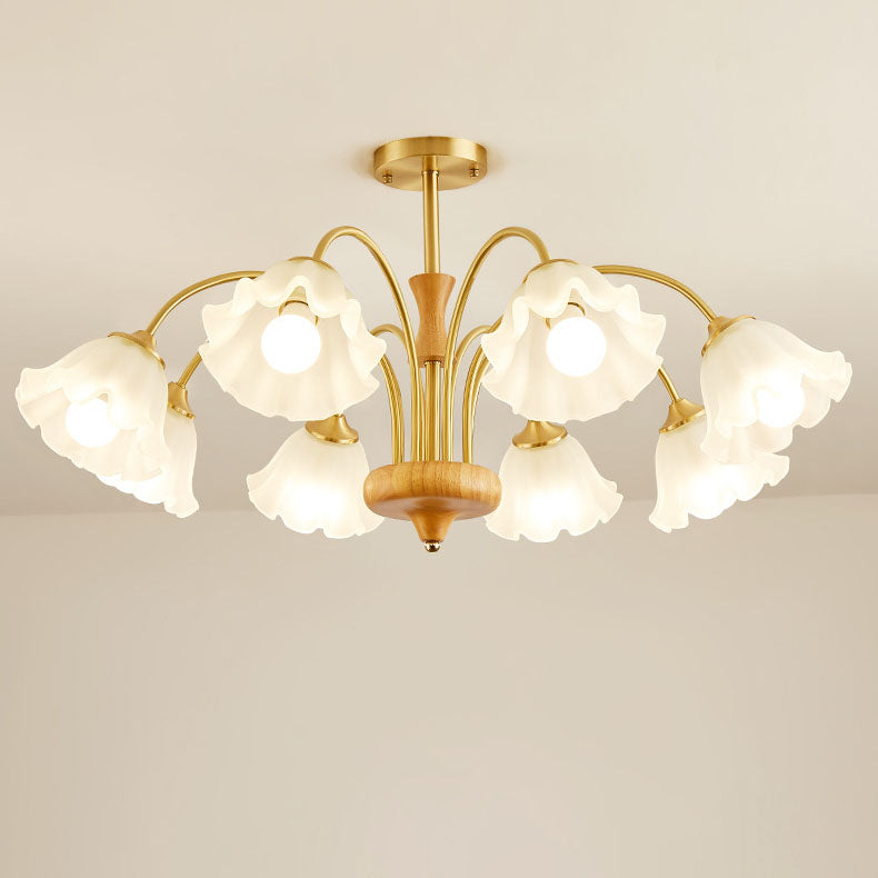 Lámpara de araña tradicional francesa redonda de cobre con vidrio y madera con 4/6/8 luces para sala de estar 
