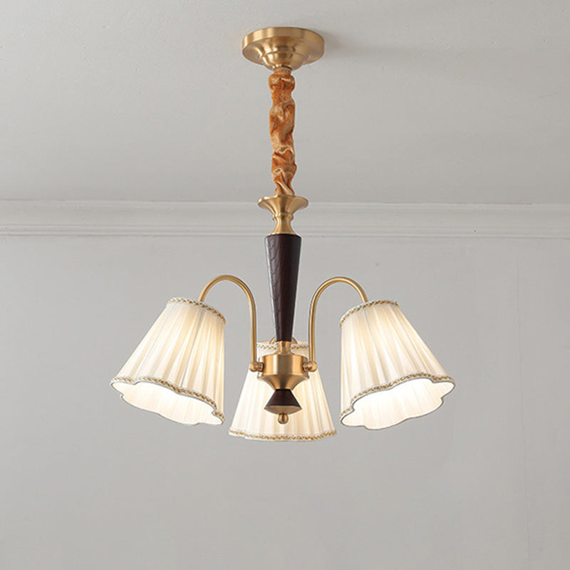 Traditioneller französischer Blumenzweig-Stoff-Walnuss-Messing-Kronleuchter mit 3/6 Lichtern für Schlafzimmer 