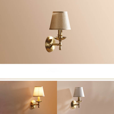 Traditional European Trapezoidal Candelabra Copper Fabric 1-Light Wall Sconce Lamp For Bedroom