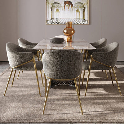 Silla de comedor contemporánea de lujo redonda de lana de cordero con patas de acero inoxidable, respaldo y reposabrazos para comedor 