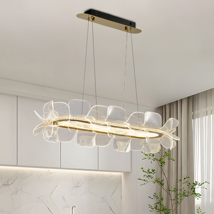 Moderne minimalistische runde Blume klares Metall Acryl LED Insel Licht Kronleuchter für Esszimmer 