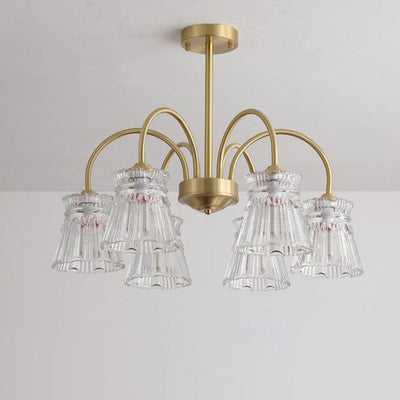 Zeitgenössische Retro gebogene Stange Blume Tasse Kupfer Glas 3/5/6 Licht Kronleuchter für Wohnzimmer 