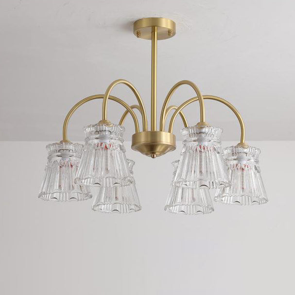 Zeitgenössische Retro gebogene Stange Blume Tasse Kupfer Glas 3/5/6 Licht Kronleuchter für Wohnzimmer 