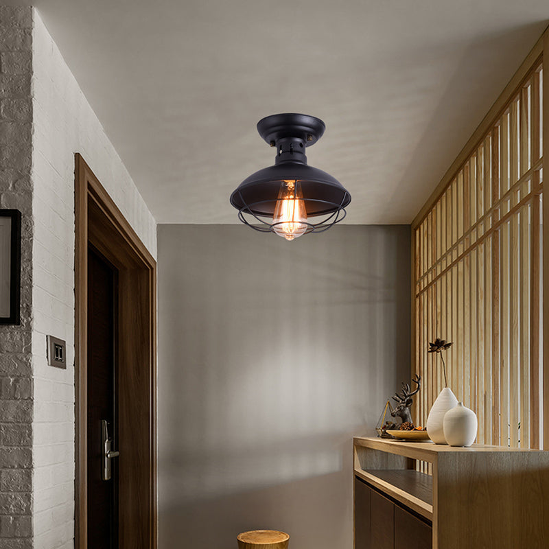 Plafonnier semi-encastré à 1 lumière en forme de couvercle de pot en filet de fer industriel contemporain pour salon 