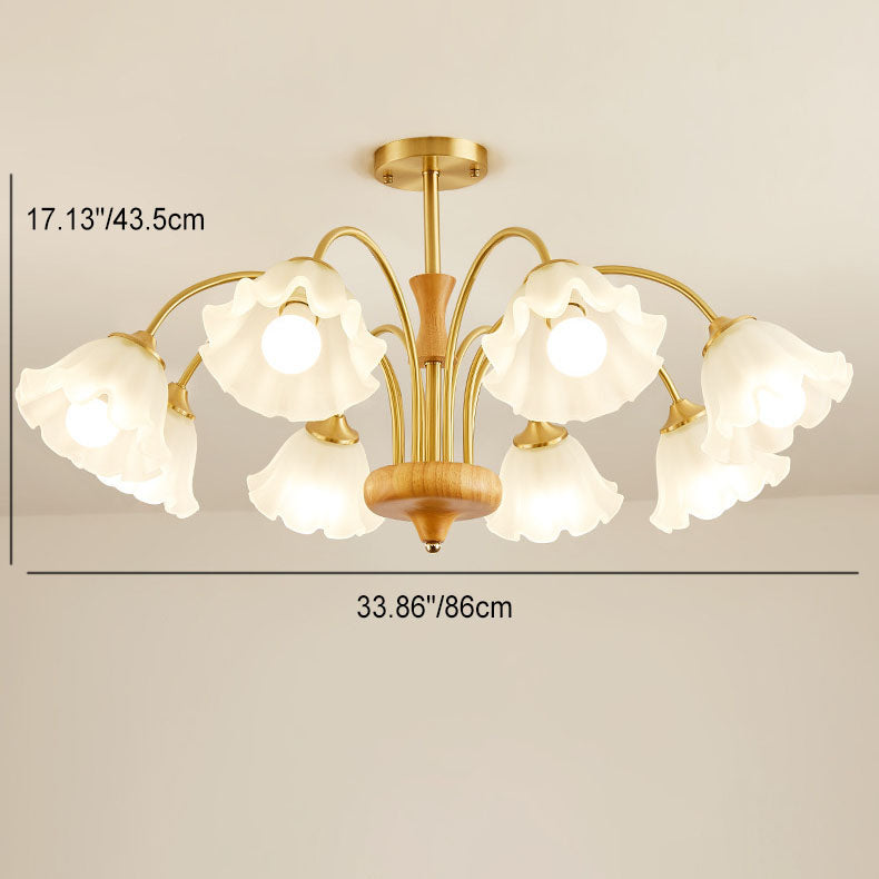Lámpara de araña tradicional francesa redonda de cobre con vidrio y madera con 4/6/8 luces para sala de estar 